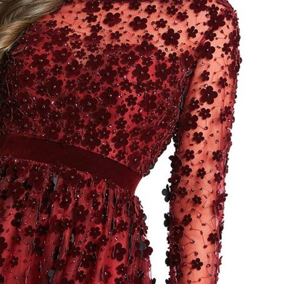 Mac Duggal Floral Applique Cocktail Dress Dark Red Burgundy Velvet Mesh 14 - Picture 3 of 7